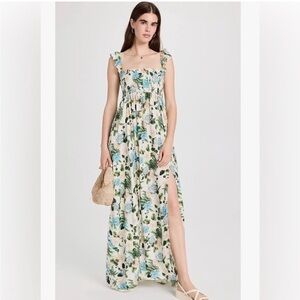 Agua Bendita Leandra Aine Dress Maxi Long Floral Ivory Cream Smocked Slit S NEW